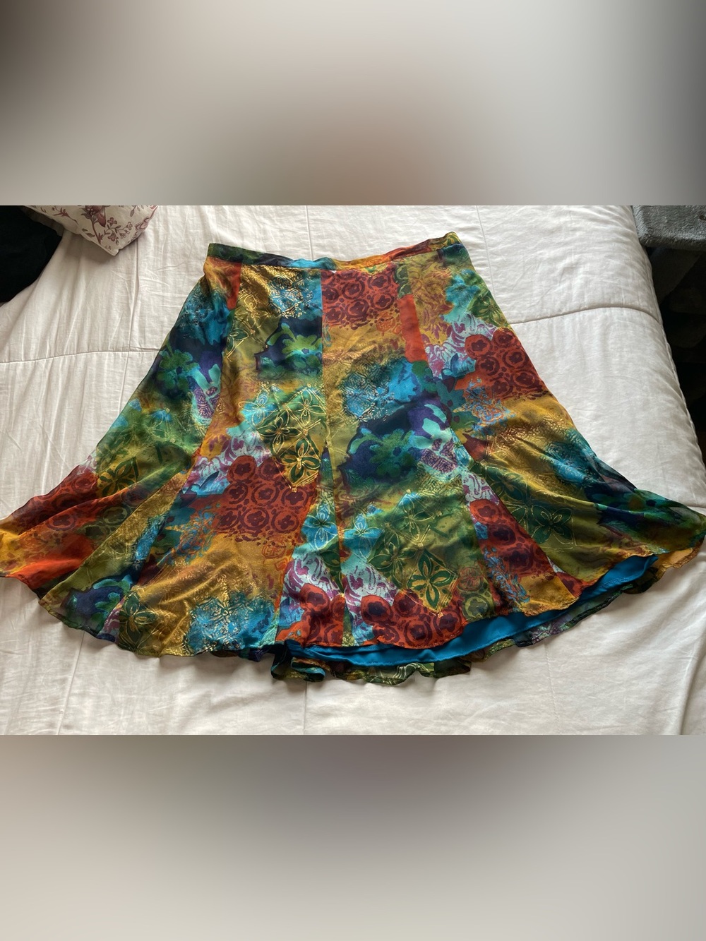 Vintage Multicolor Patchwork Floral Silk Pull On Skirt XL Fairycore Whimsical
